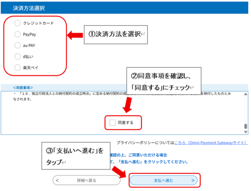 決済方法を選択し、同意するにチェックし、支払をクリックします