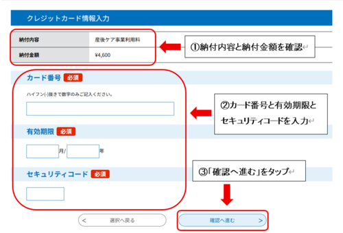 金額等を確認し、カード情報を入力します
