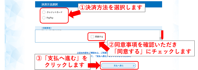 決済方法を選択し、同意するにチェックし、支払をクリックします