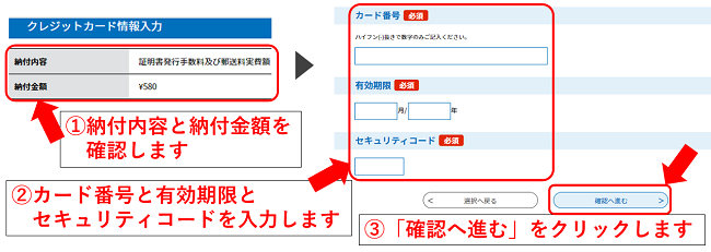 金額等を確認し、カード情報を入力します