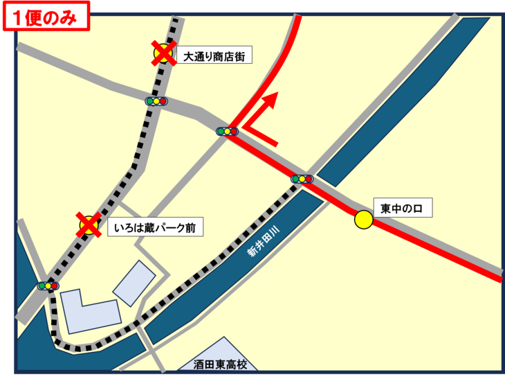 市内循環B線1便の運行経路図