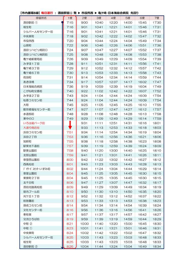 市内循環B線1便変更後の時刻表