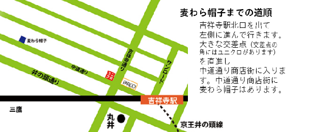 麦わら帽子までの道順　吉祥寺駅北口から左側に進み、中道通り商店街へ。商店街内にあります