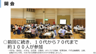 開会　前回に続き10代から70代まで約100人が参加